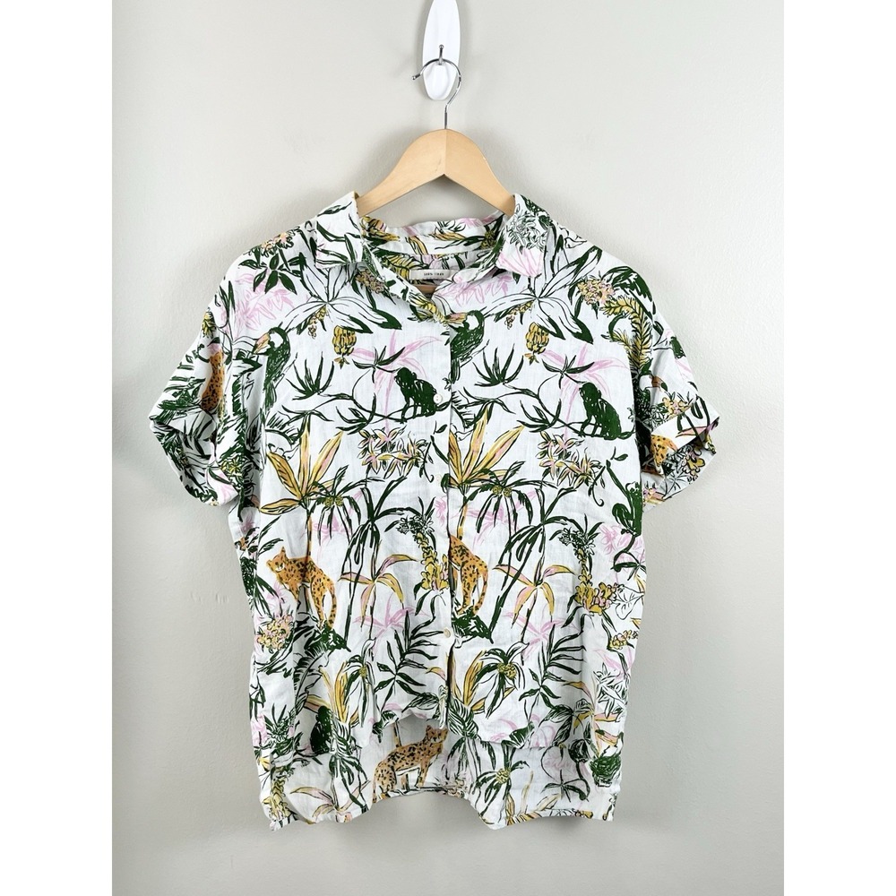 Rachel Zoe Linen M Jungle Animal Print‎ Button Down Shirt Top Womens Blouse